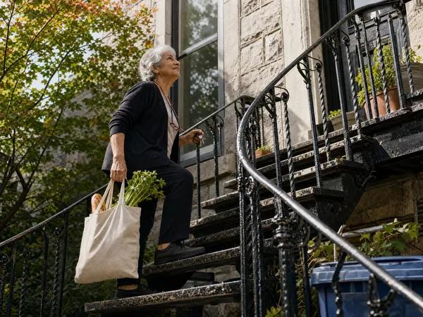 A woman in her 70s carries groceries up the iron spiral stairs of a Montreal walk-up on a bright fall morning