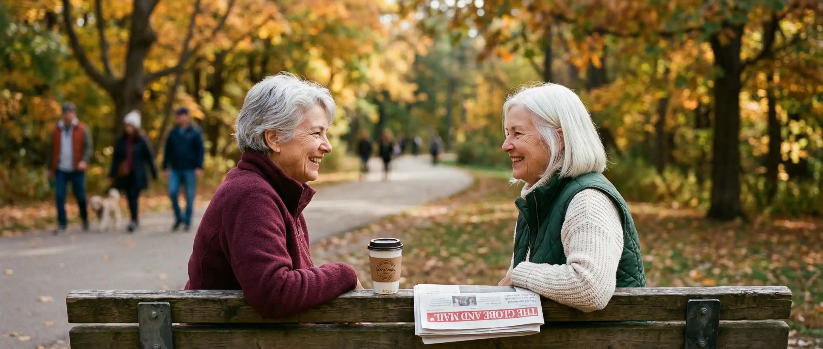 Two senior ladies enjoying coffee in the park