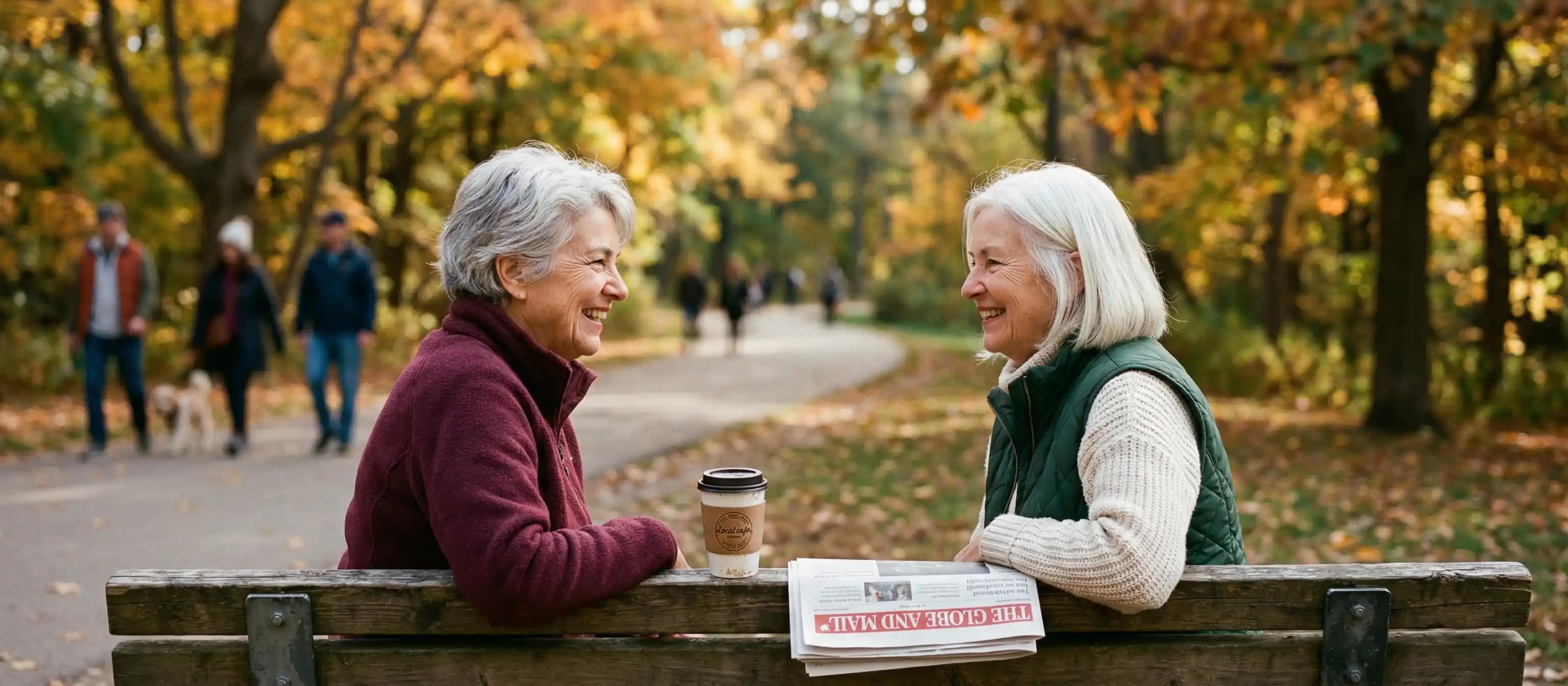Two senior ladies enjoying coffee in the park