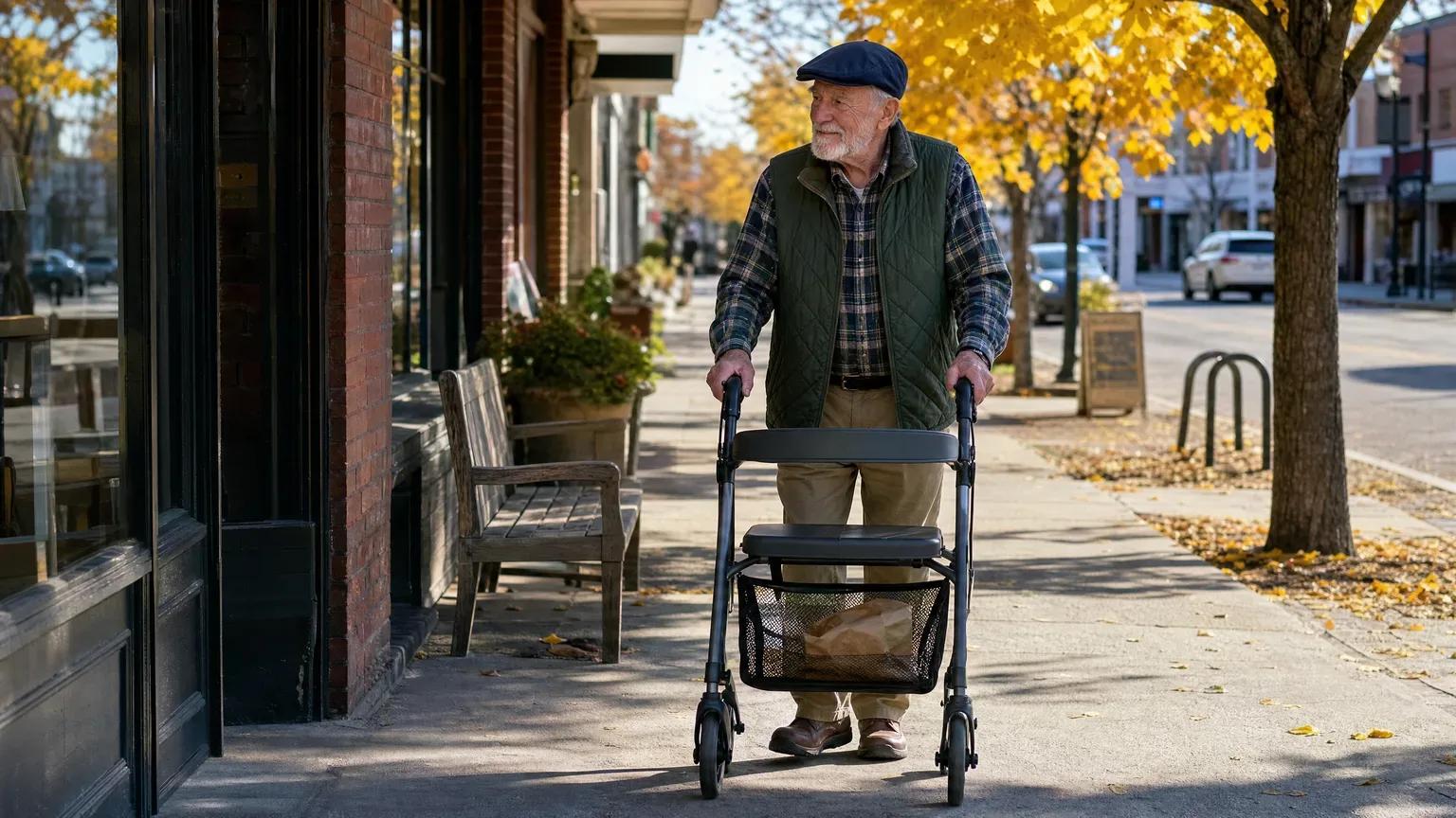 Man in his late 70s walks a small-town main street with a rollator, a bakery bag in its basket, on a sunny autumn day