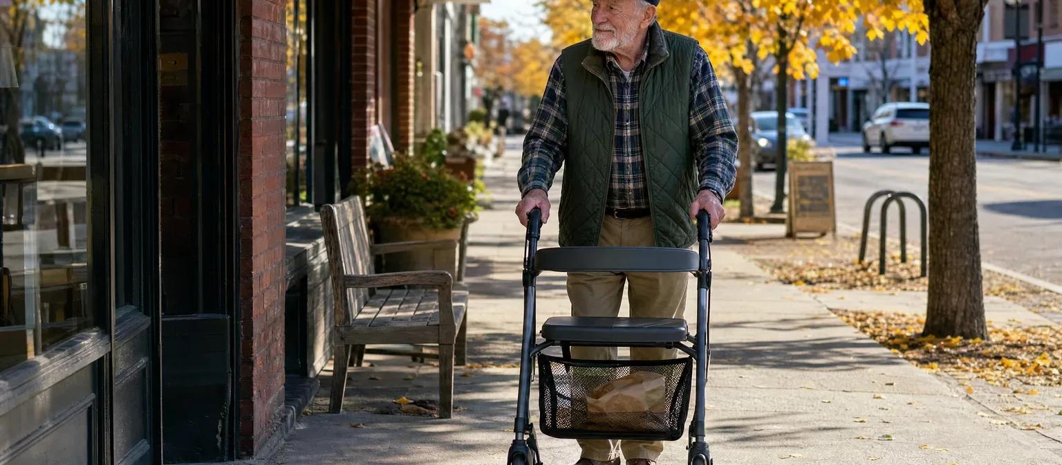 Man in his late 70s walks a small-town main street with a rollator, a bakery bag in its basket, on a sunny autumn day