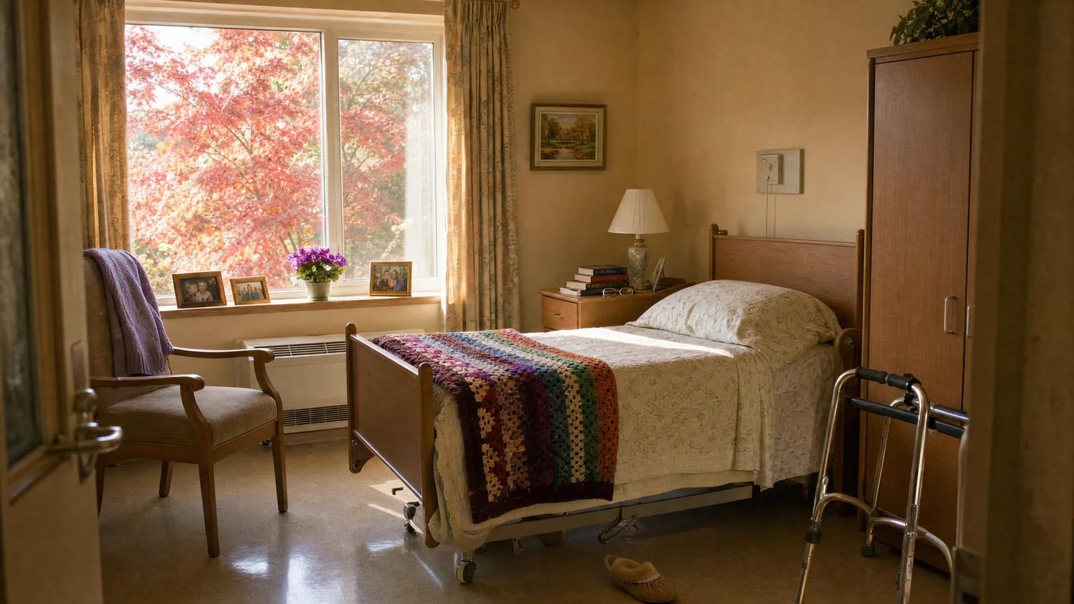 Sunlit private room in an Ontario long-term care home with a knit afghan, family photos and autumn maples outside