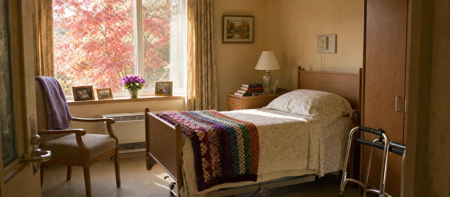 Sunlit private room in an Ontario long-term care home with a knit afghan, family photos and autumn maples outside