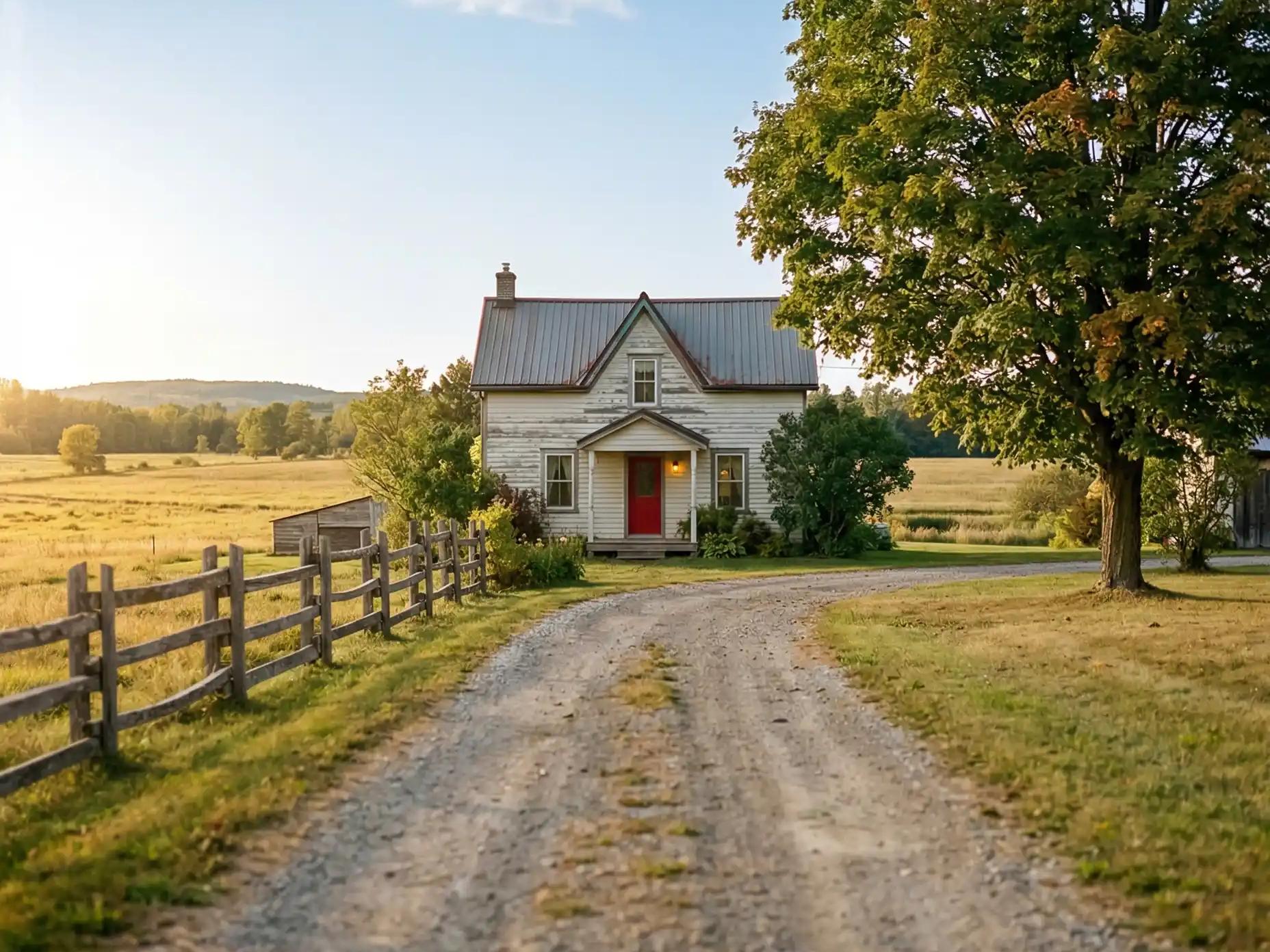 Rural house at the end of a gravel driveway