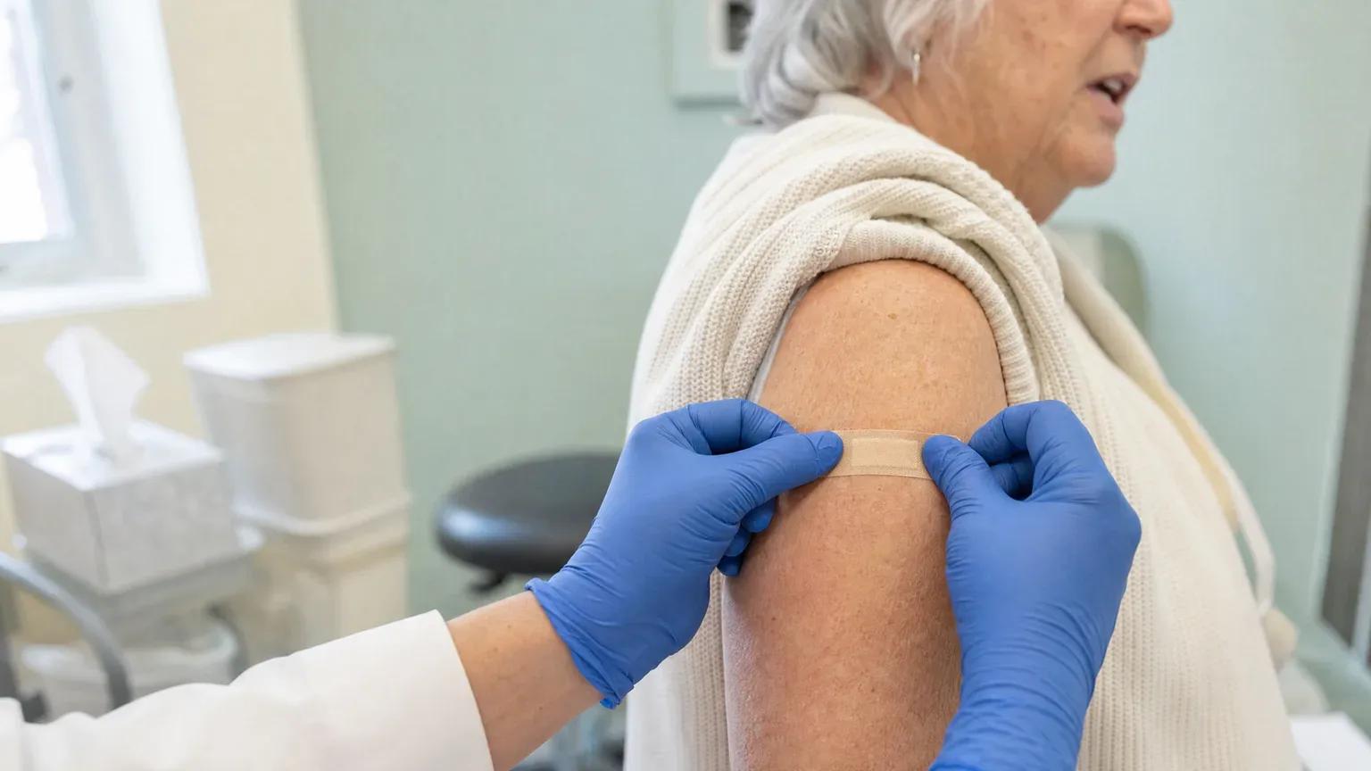 A pharmacist presses a bandage onto a senior woman's upper arm after her flu shot in a bright consultation room