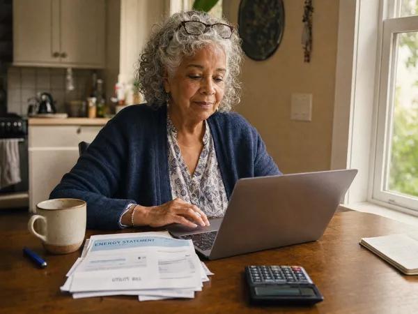 Senior woman fills in an online form on a laptop, with energy and utility bills and a calculator on her kitchen table