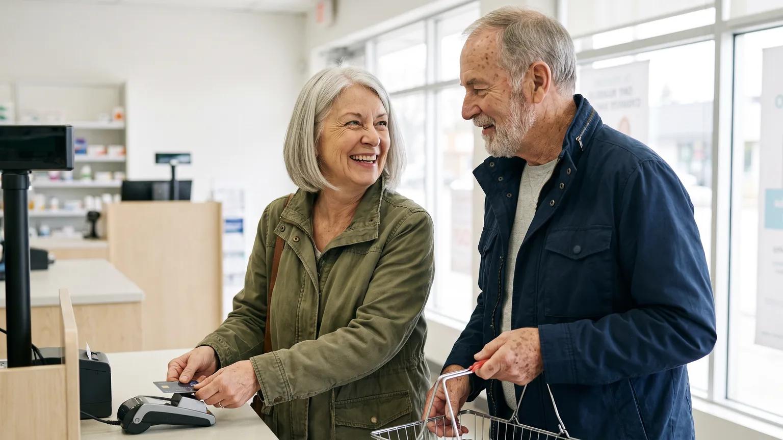 Senior couple smiling at a Canadian pharmacy checkout as the woman taps her debit card on the terminal