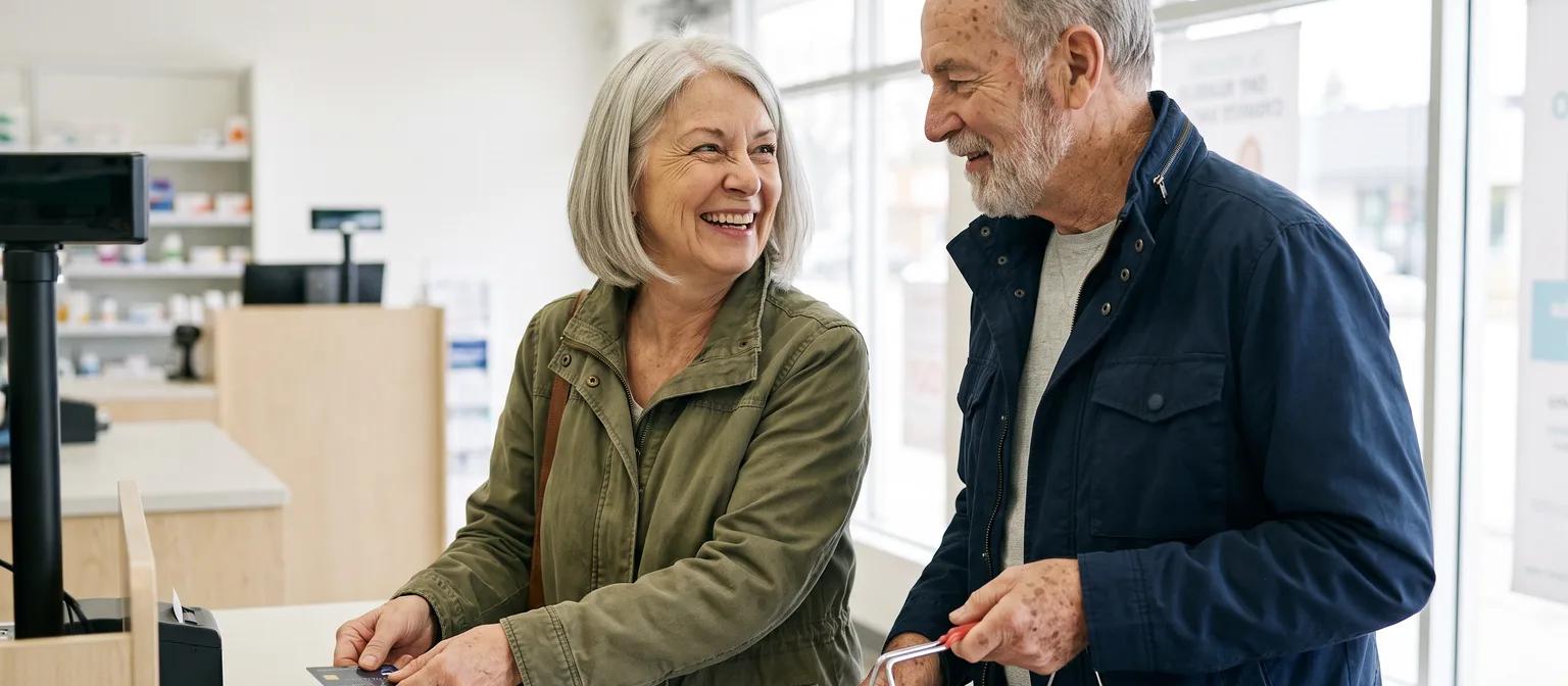 Senior couple smiling at a Canadian pharmacy checkout as the woman taps her debit card on the terminal