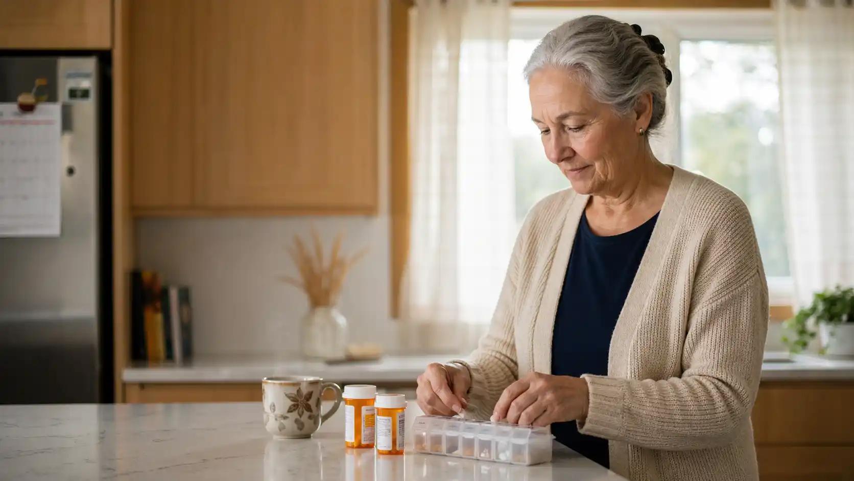 Canadian woman in her sixties filling a weekly pill organizer at her sunlit kitchen counter, a simple medication reminder system for seniors.