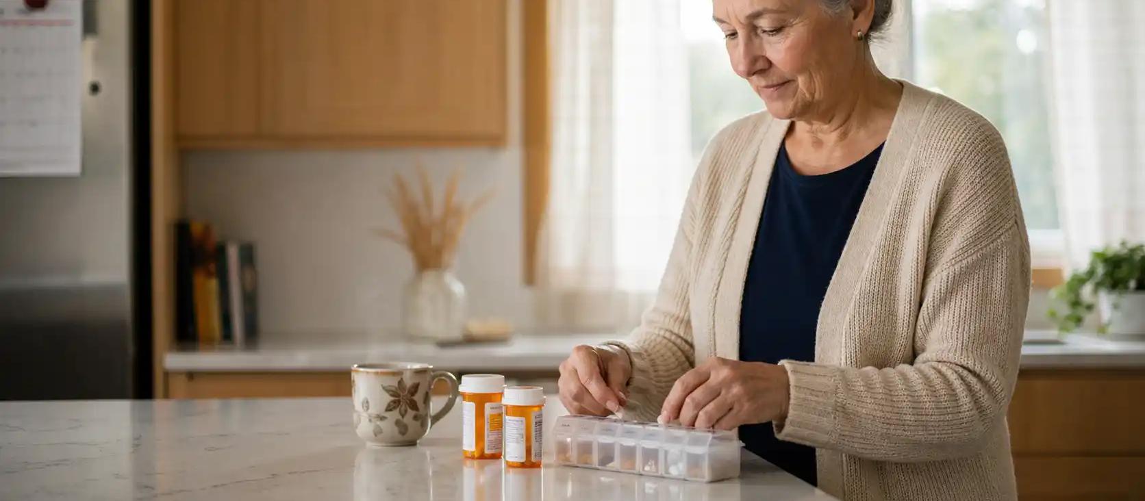 Canadian woman in her sixties filling a weekly pill organizer at her sunlit kitchen counter, a simple medication reminder system for seniors.