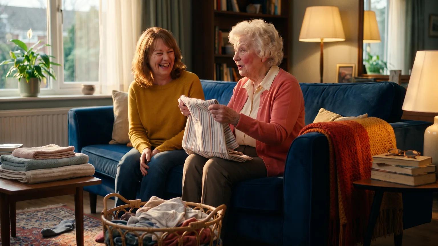 A daughter and her mother fold laundry on a blue sofa as late sun streams in and two lamps are already lit