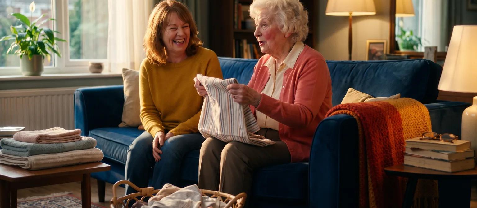 A daughter and her mother fold laundry on a blue sofa as late sun streams in and two lamps are already lit