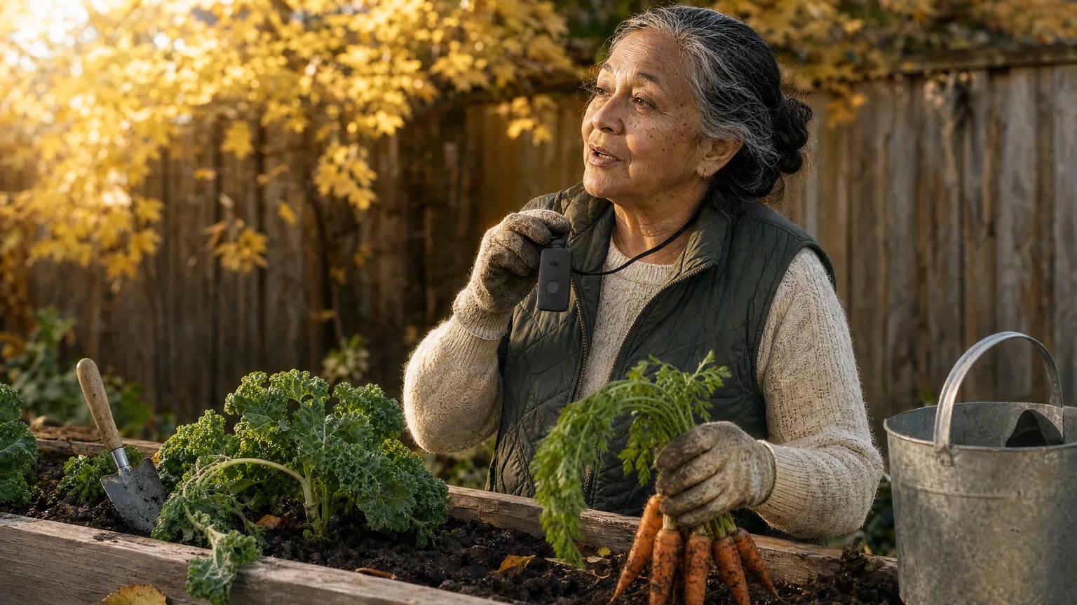 A woman in her 70s at her autumn garden bed holds her pendant to her chin and talks with the person who answered.