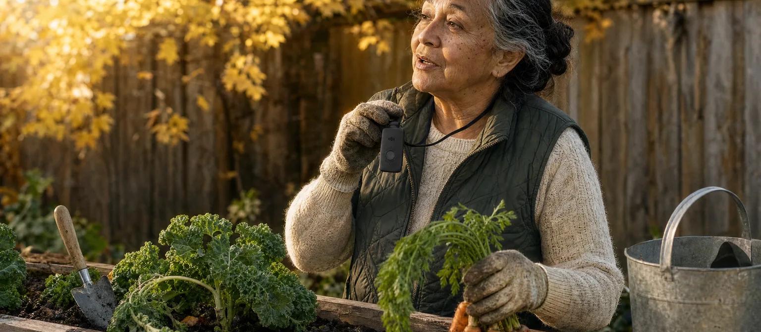 A woman in her 70s at her autumn garden bed holds her pendant to her chin and talks with the person who answered.