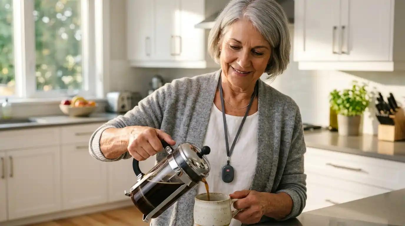 Woman pouring herself a cup of coffee in her kitchen