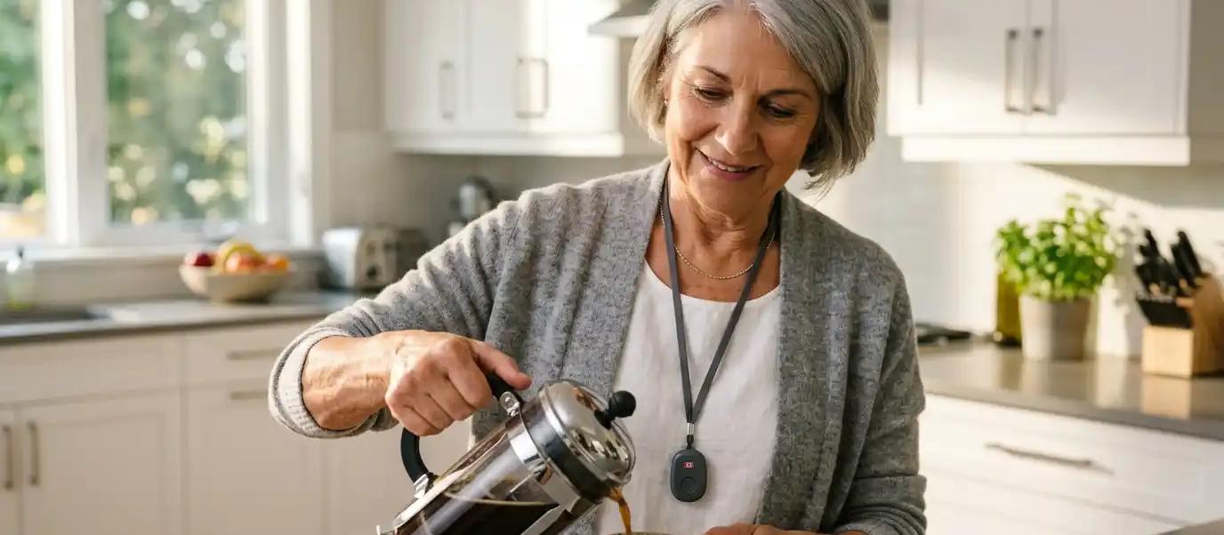 Woman pouring herself a cup of coffee in her kitchen