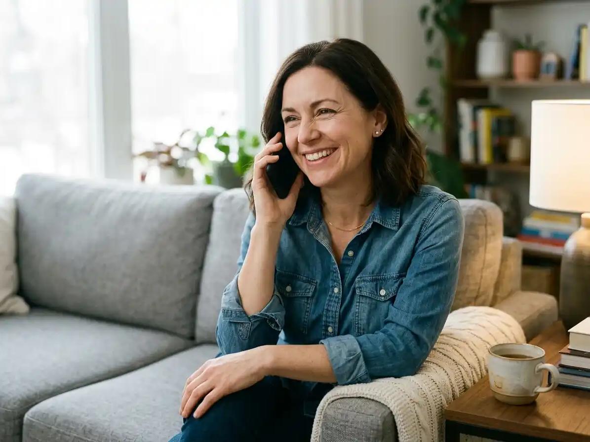 Woman sitting on grey couch while talking on cell phone.