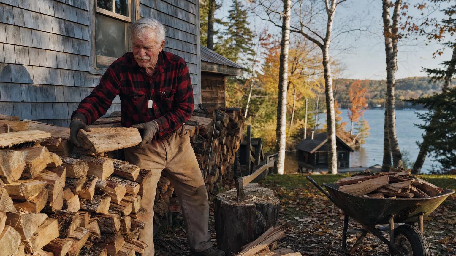 Man in his mid 70s stacks firewood at a lakeside cottage, a small white alert pendant on a lanyard over his flannel shirt