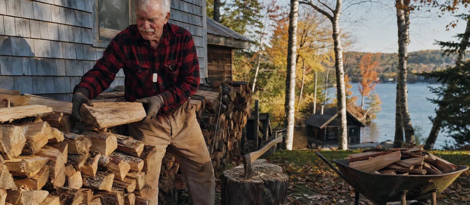 Man in his mid 70s stacks firewood at a lakeside cottage, a small white alert pendant on a lanyard over his flannel shirt