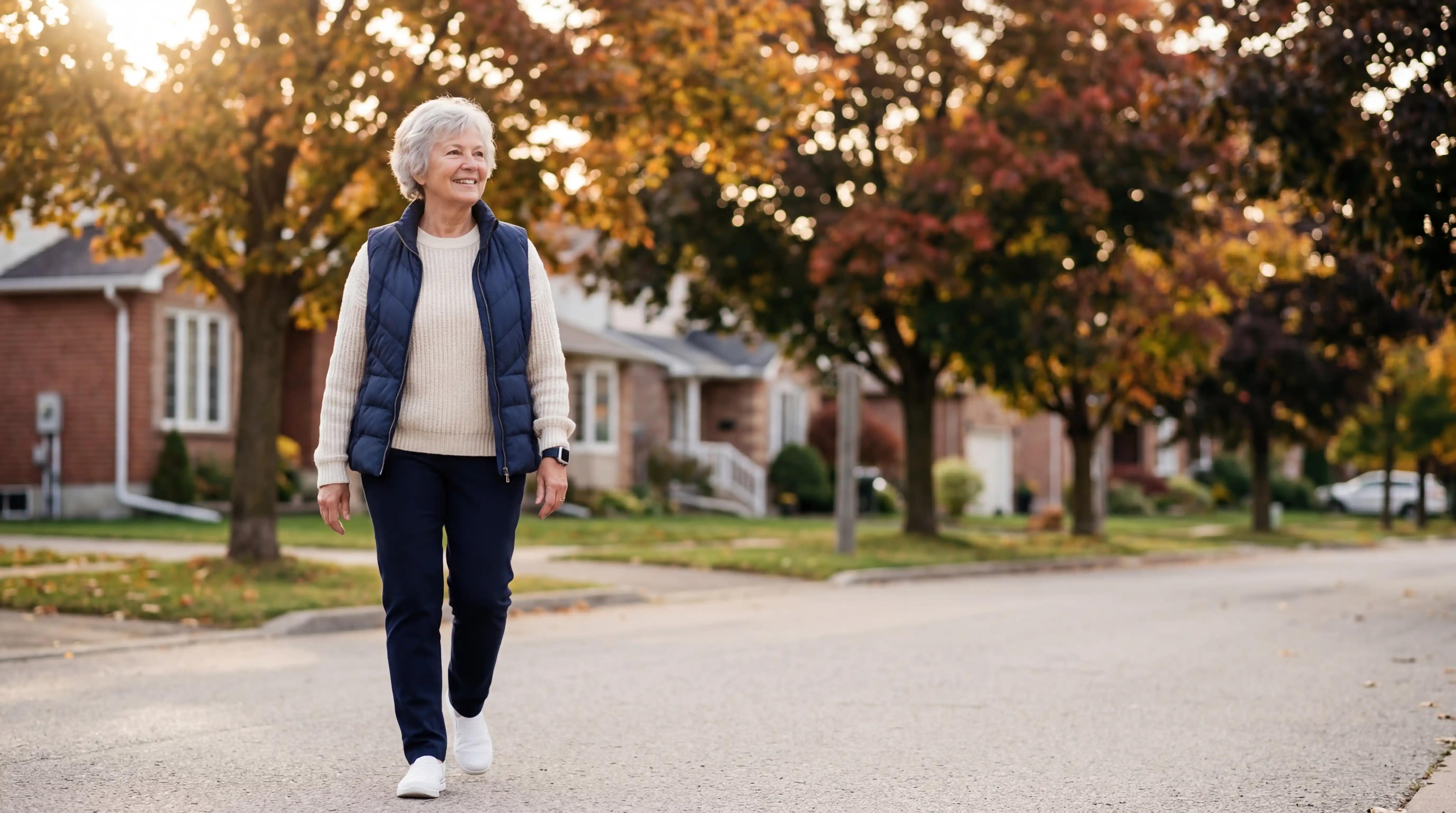 Senior woman enjoying a morning walk outside in the autumn