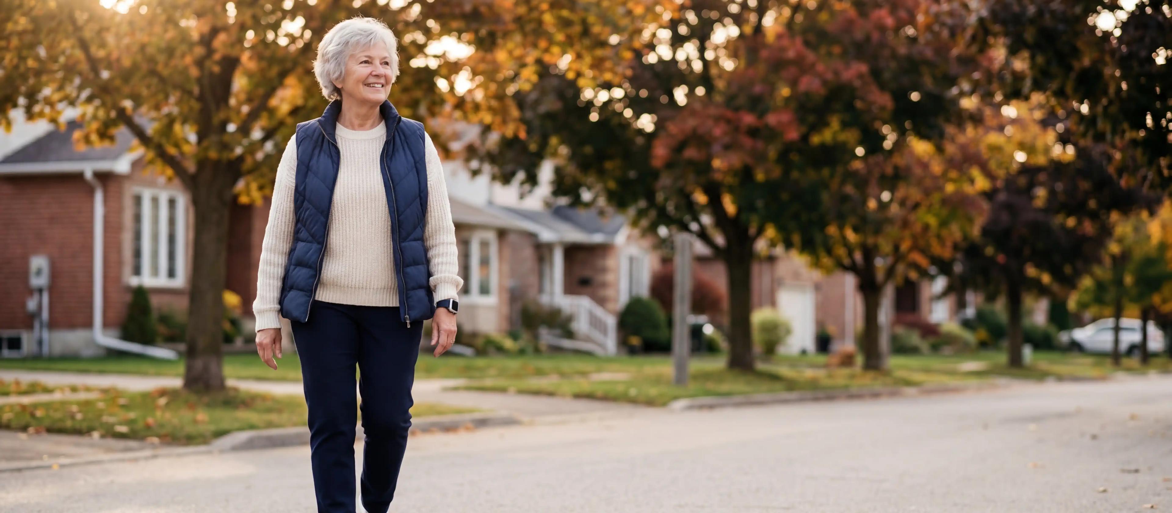 Senior woman enjoying a morning walk outside in the autumn