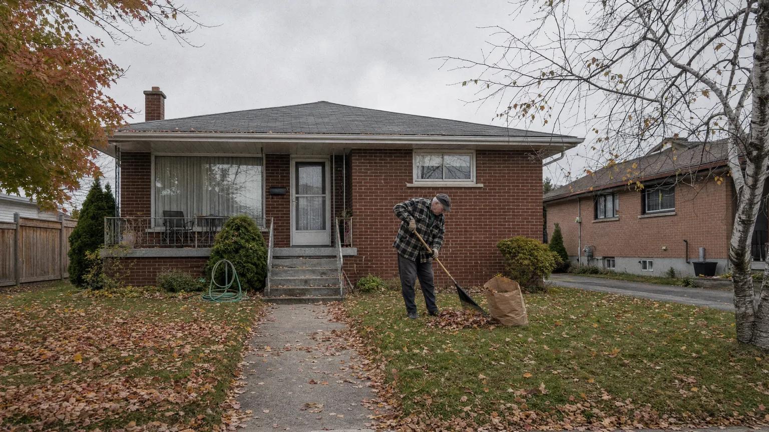Senior man raking autumn leaves on the front lawn of a brick Ontario bungalow under an overcast sky