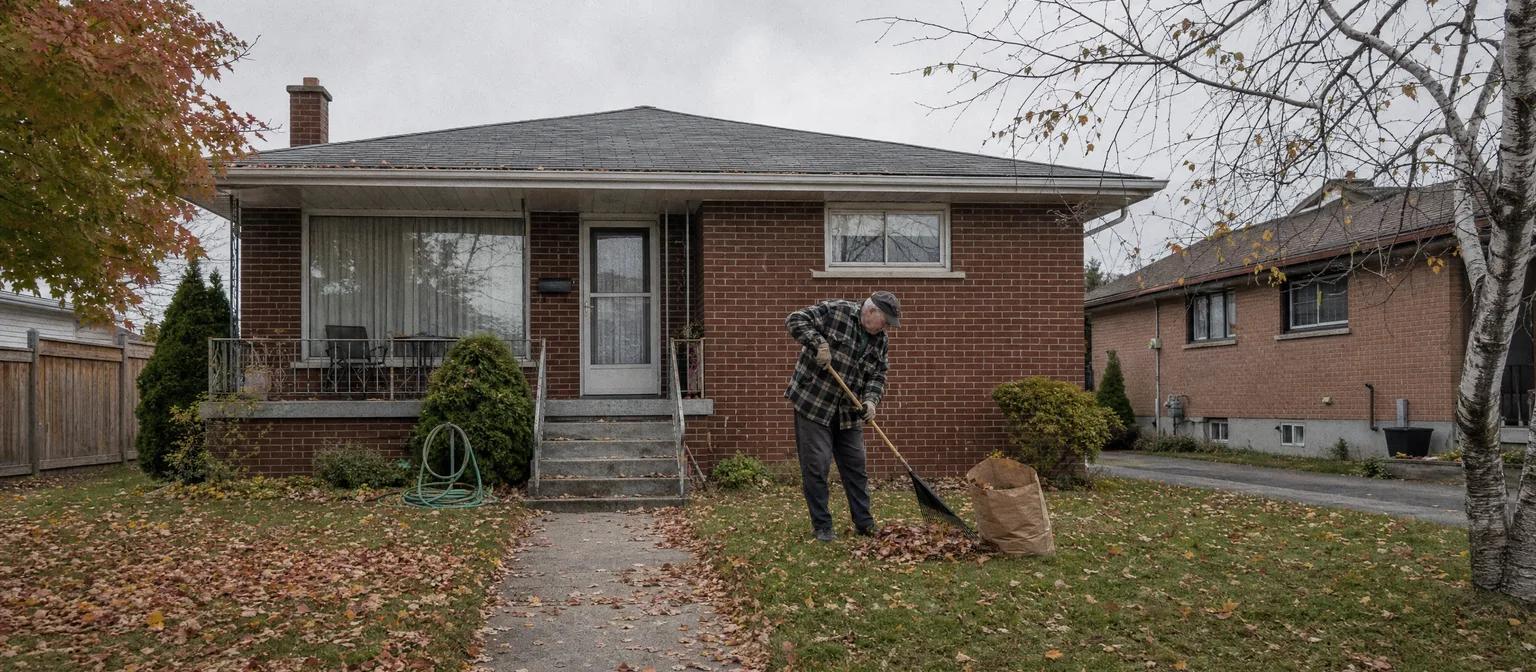 Senior man raking autumn leaves on the front lawn of a brick Ontario bungalow under an overcast sky