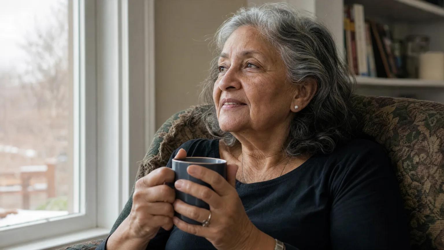 Silver-haired senior woman relaxes in an armchair with a warm mug, gazing out a sunlit window onto a snowy backyard