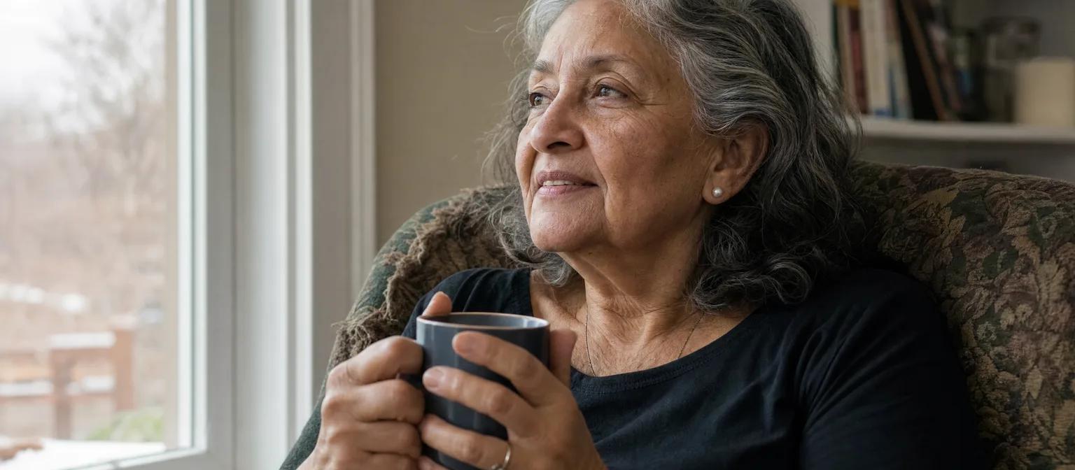 Silver-haired senior woman relaxes in an armchair with a warm mug, gazing out a sunlit window onto a snowy backyard