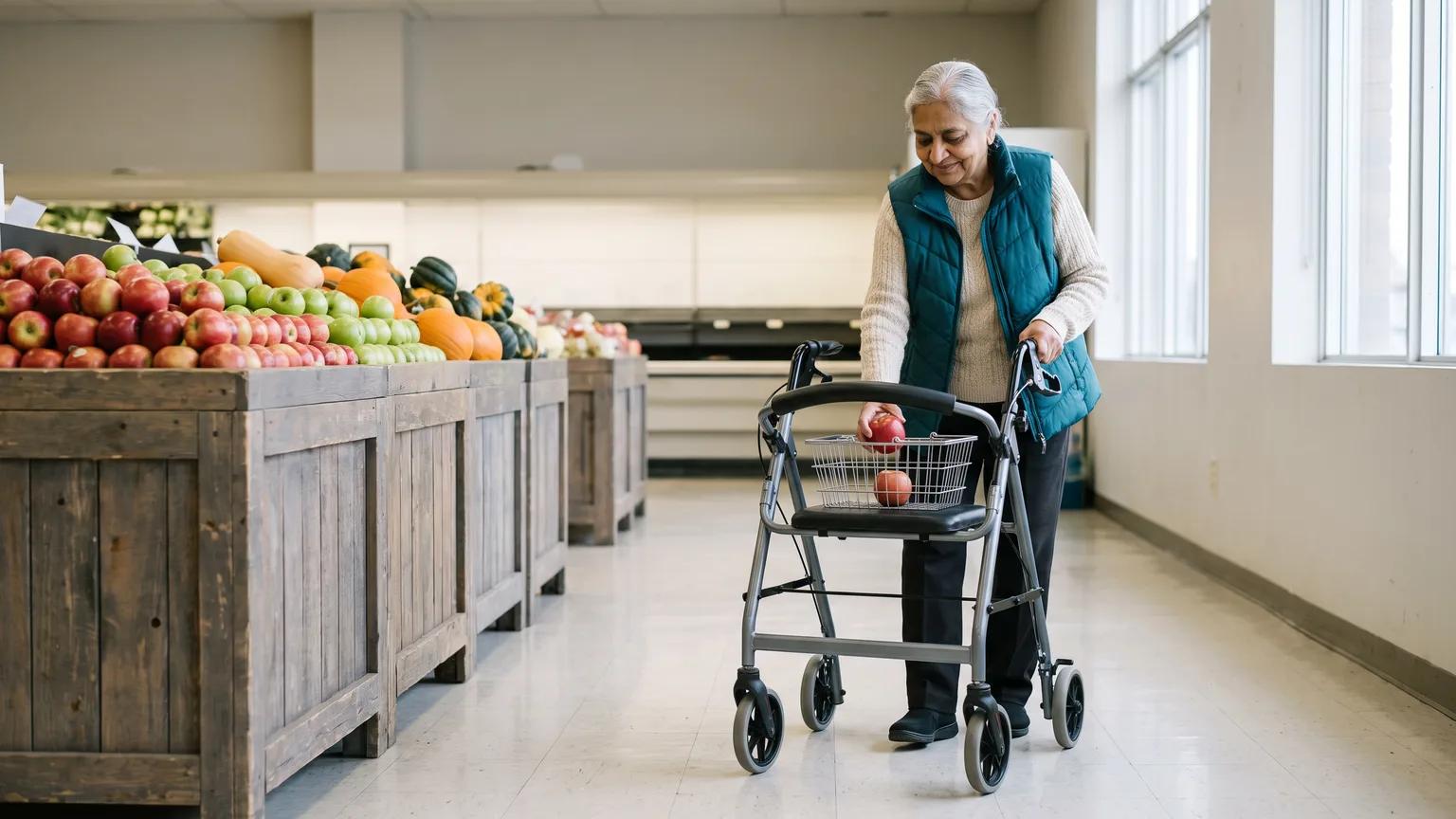 A woman with a four-wheeled walker puts an apple in its basket in a bright grocery produce aisle