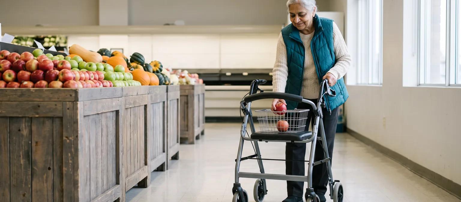 A woman with a four-wheeled walker puts an apple in its basket in a bright grocery produce aisle