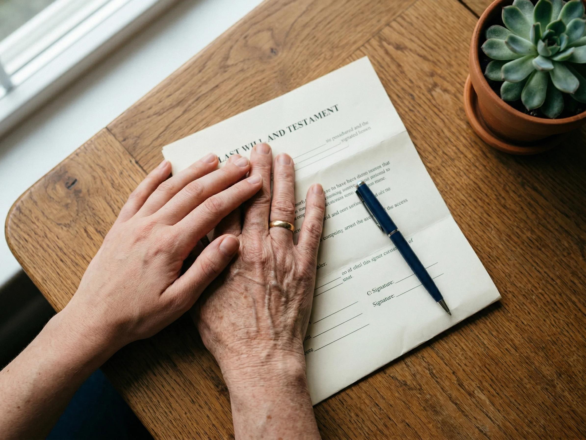 two hands, senior hand on a will and testament with a younger hand on top