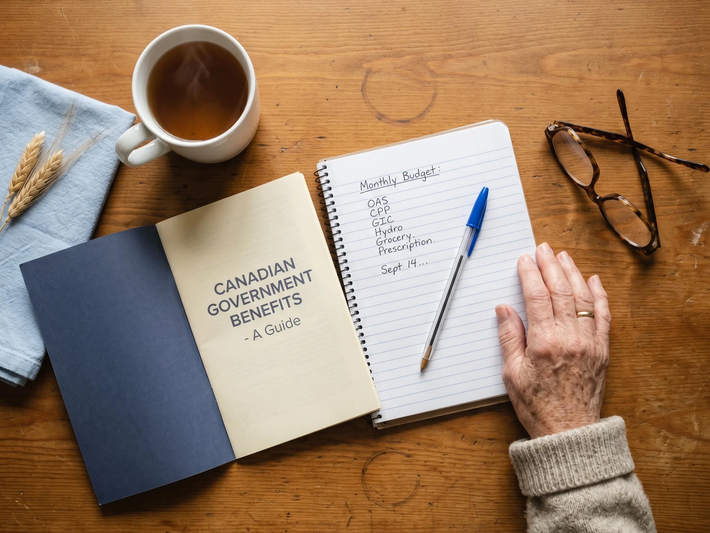 Canadian government benefits booklet, handwritten budget notebook, and tea mug on a wooden kitchen table