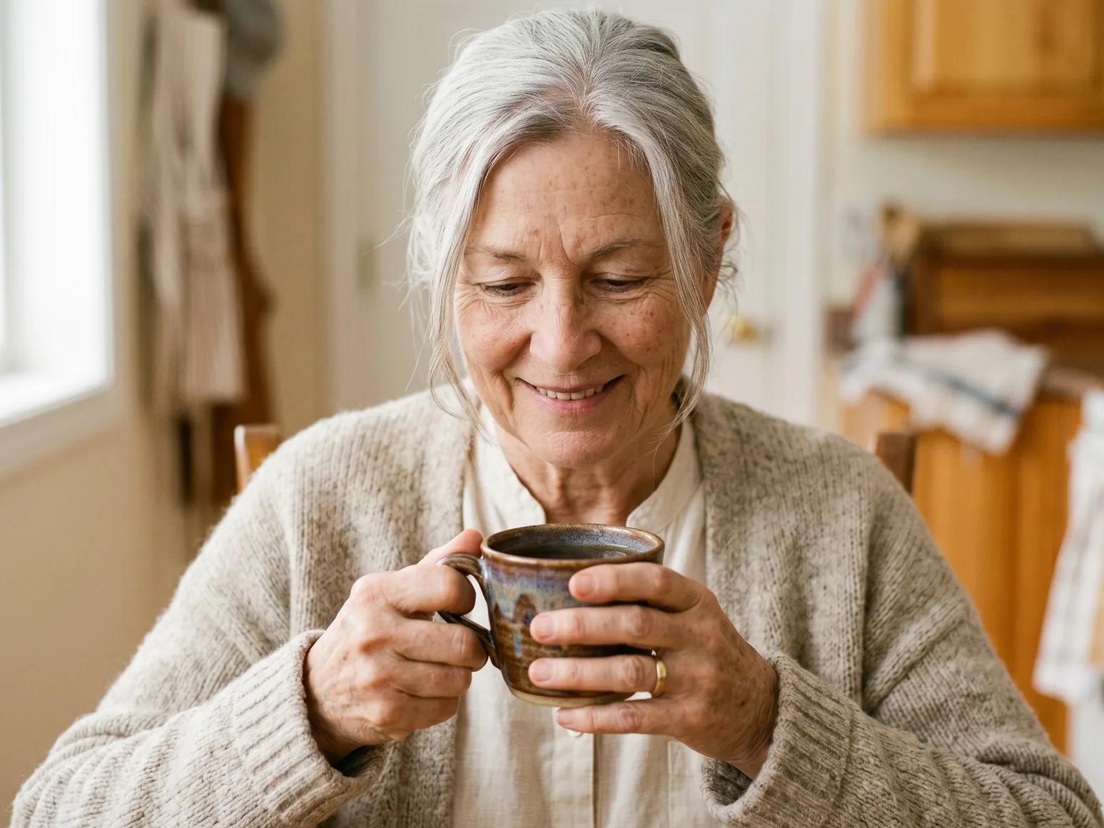 Smiling Canadian senior woman in an oat cardigan holding a ceramic mug of tea in a warm kitchen