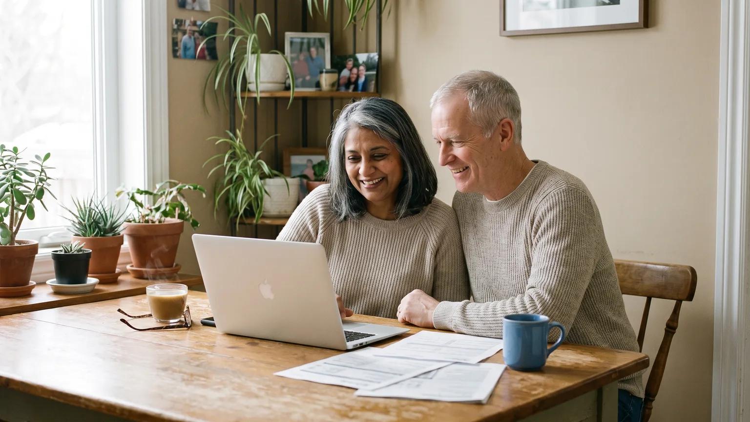 A silver-haired Canadian couple review retirement paperwork and a laptop together at their sunlit kitchen table.