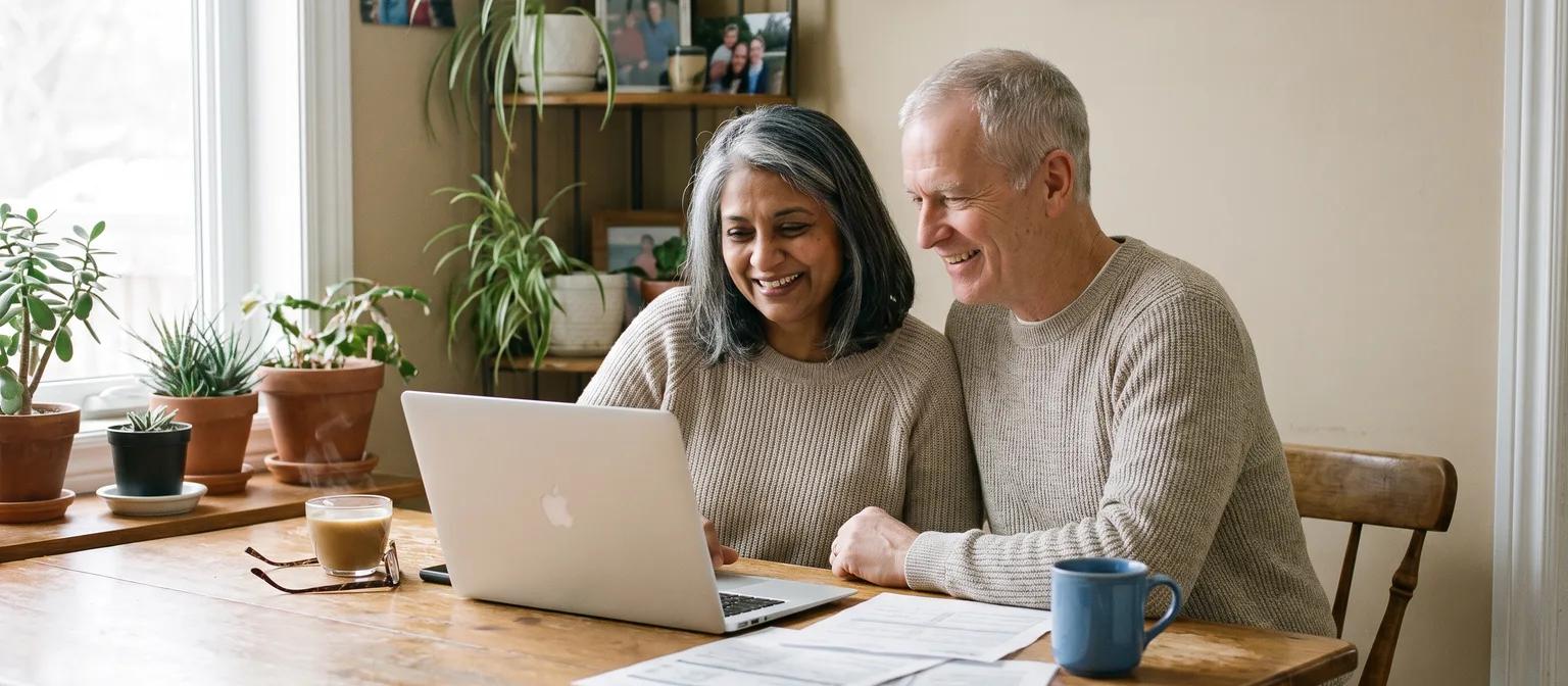 A silver-haired Canadian couple review retirement paperwork and a laptop together at their sunlit kitchen table.