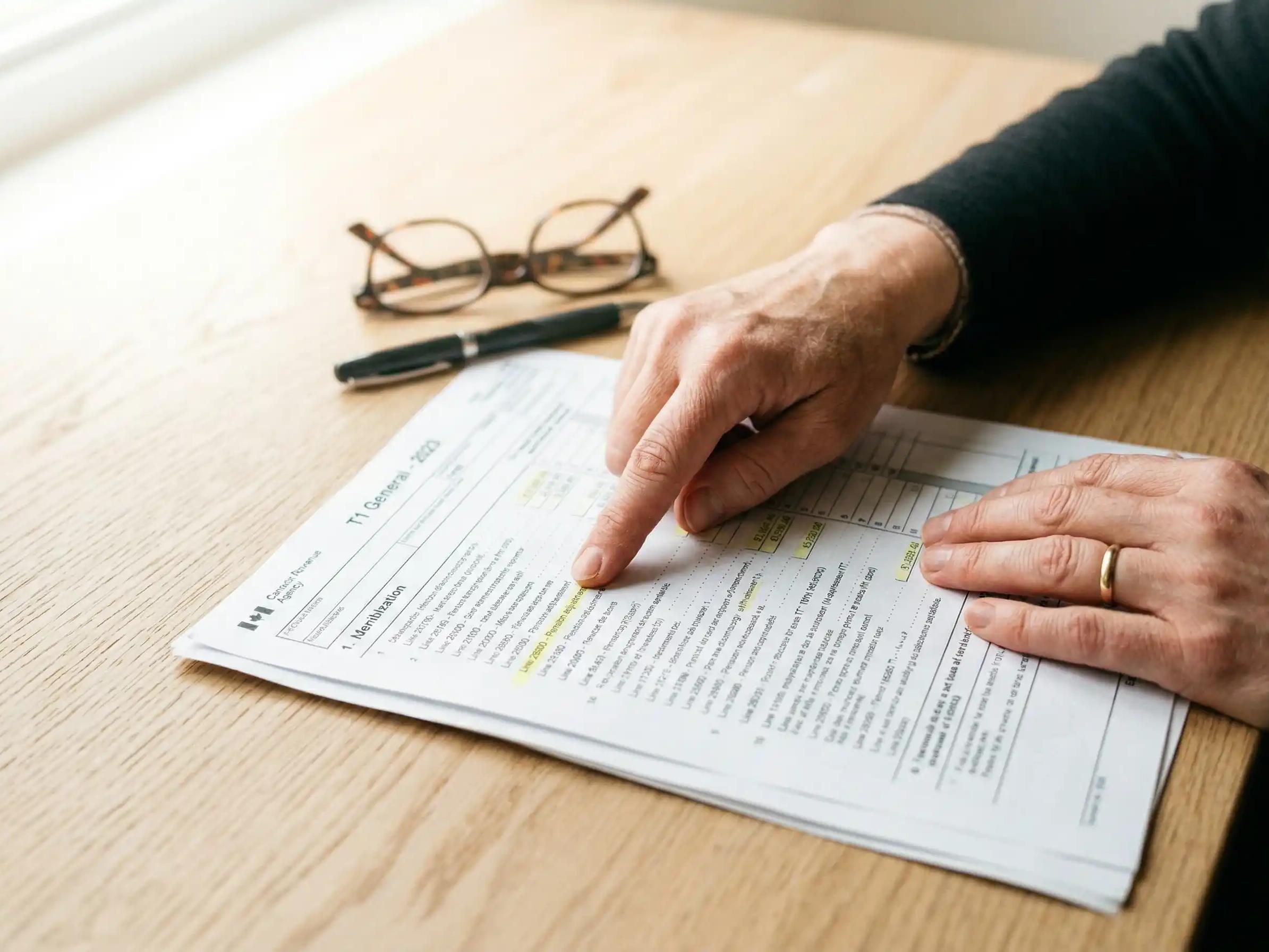 Close-up shot of tax documents with a senior woman's finger pointing at a line item
