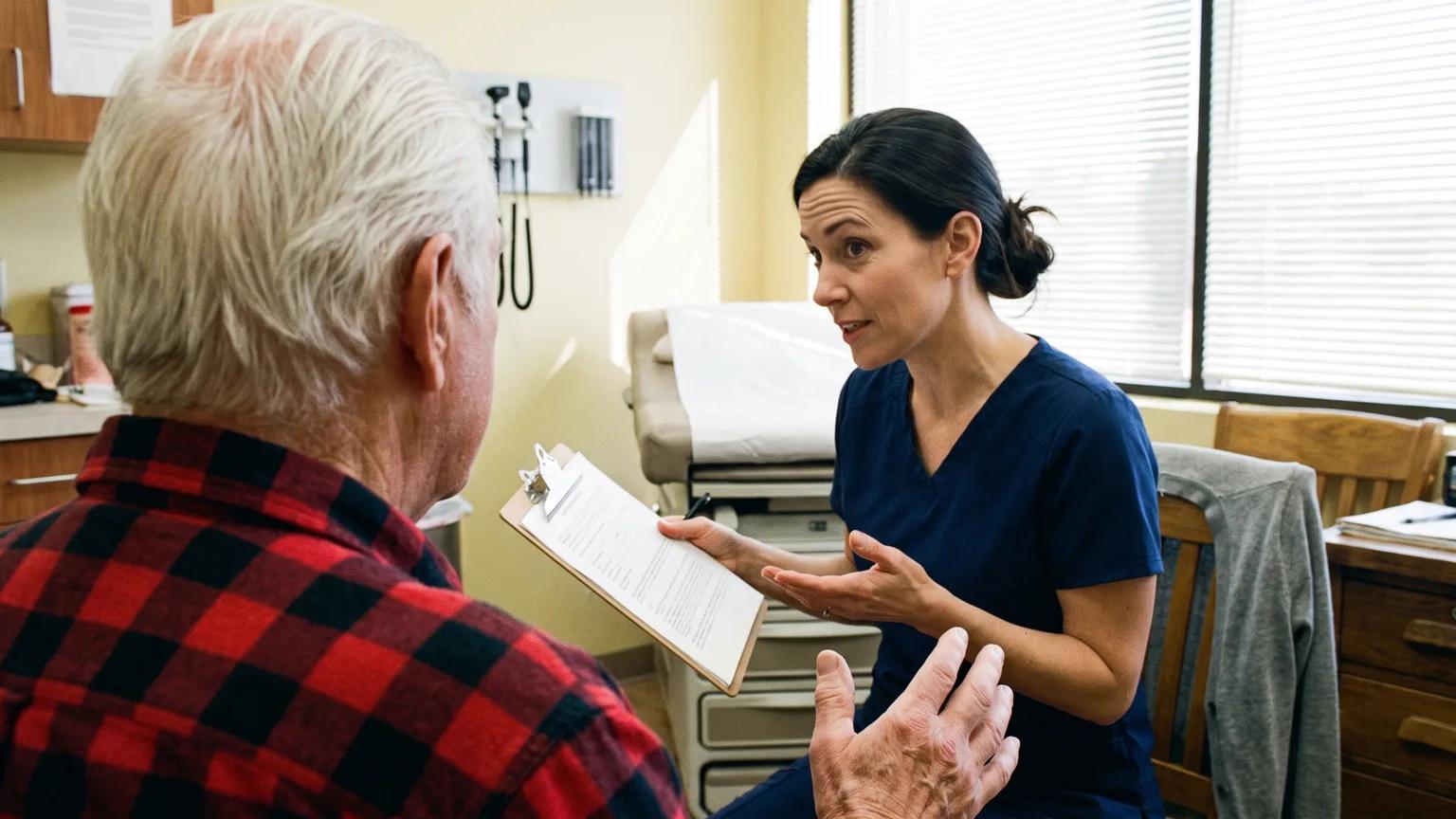 A nurse practitioner explains a point to a man in his 70s in a bright exam room, clipboard in hand