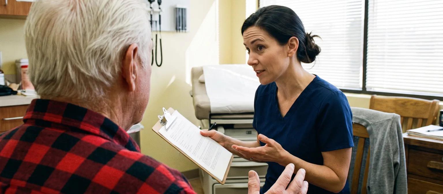 A nurse practitioner explains a point to a man in his 70s in a bright exam room, clipboard in hand