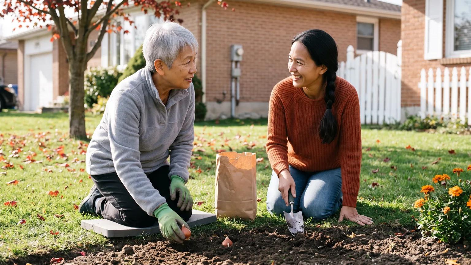 A woman in her 70s and her daughter talk while planting tulip bulbs together in a sunny front garden