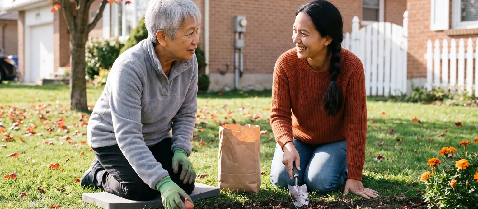 A woman in her 70s and her daughter talk while planting tulip bulbs together in a sunny front garden