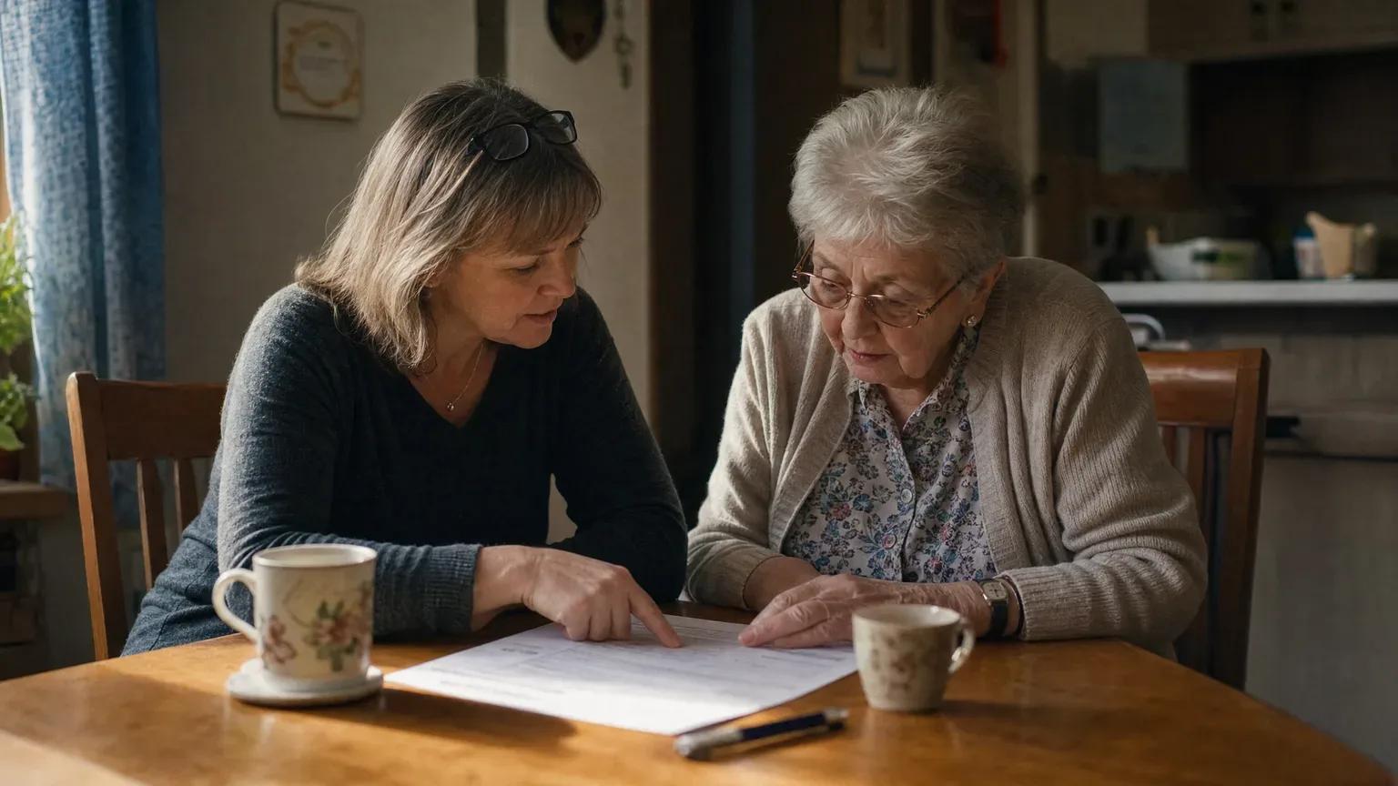 A daughter and her mother go through paperwork together over tea at a kitchen table in a Manitoba home.
