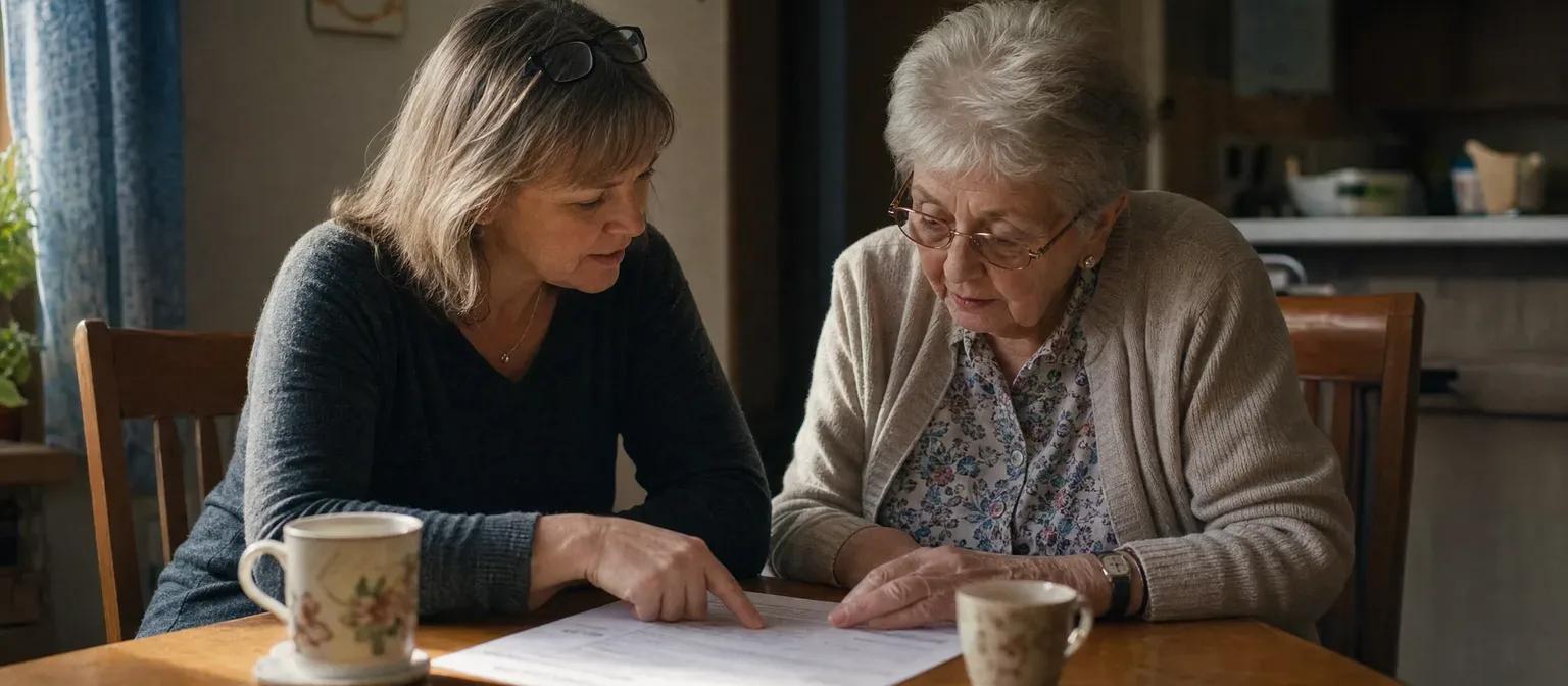 A daughter and her mother go through paperwork together over tea at a kitchen table in a Manitoba home.