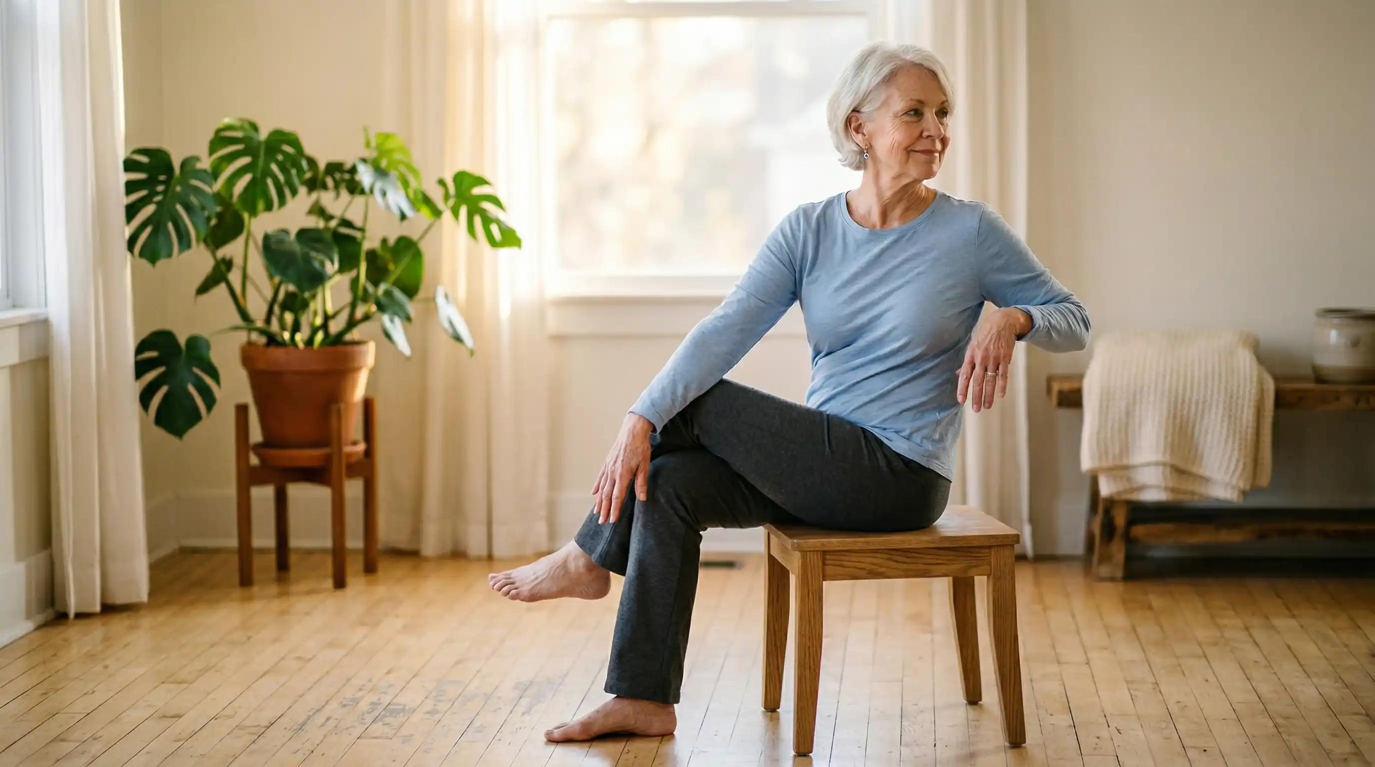 Senior woman performing a simple yoga stretch in a chair.