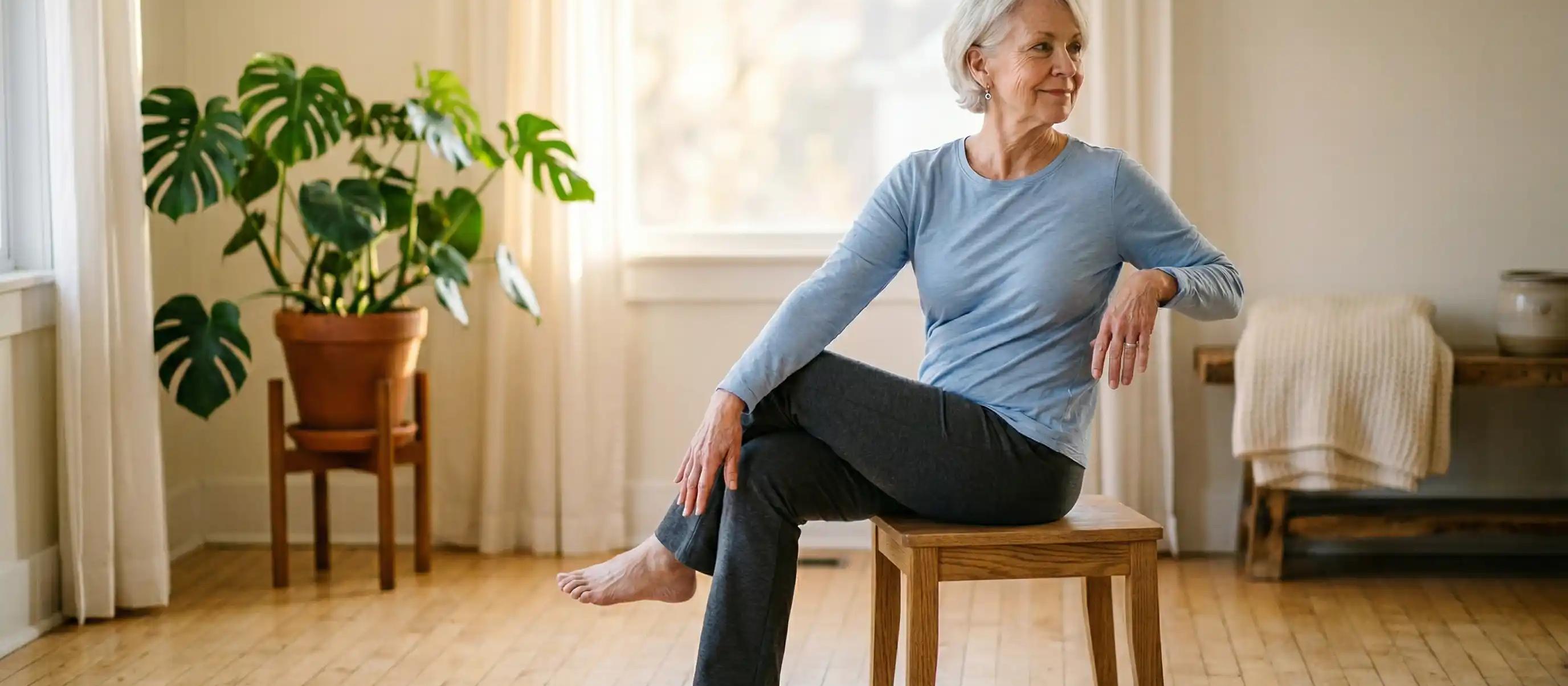 Senior woman performing a simple yoga stretch in a chair.