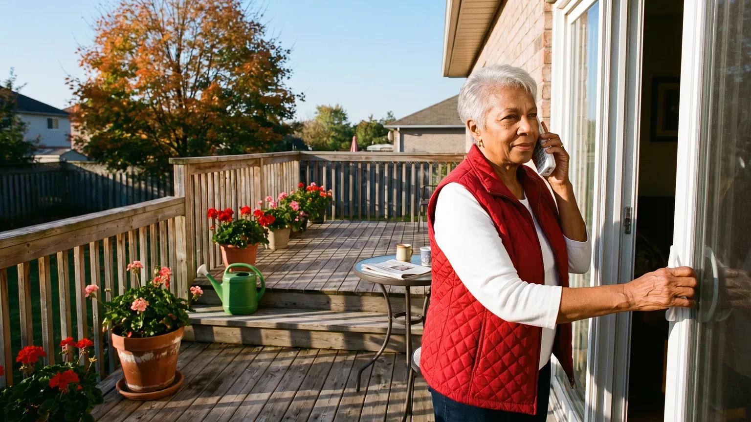 A woman in a red vest takes a call on a sunny back deck, one hand already on the patio door to go inside and check