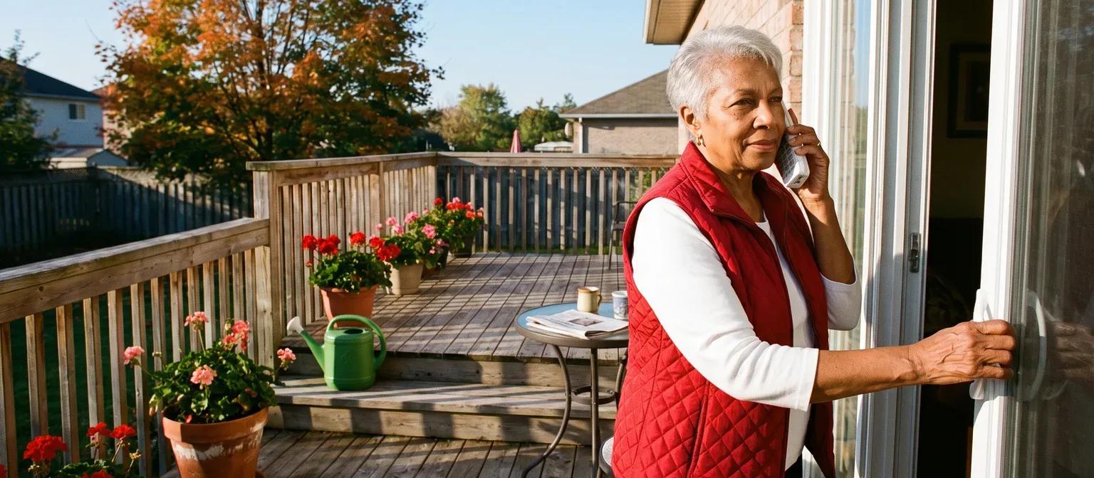 A woman in a red vest takes a call on a sunny back deck, one hand already on the patio door to go inside and check