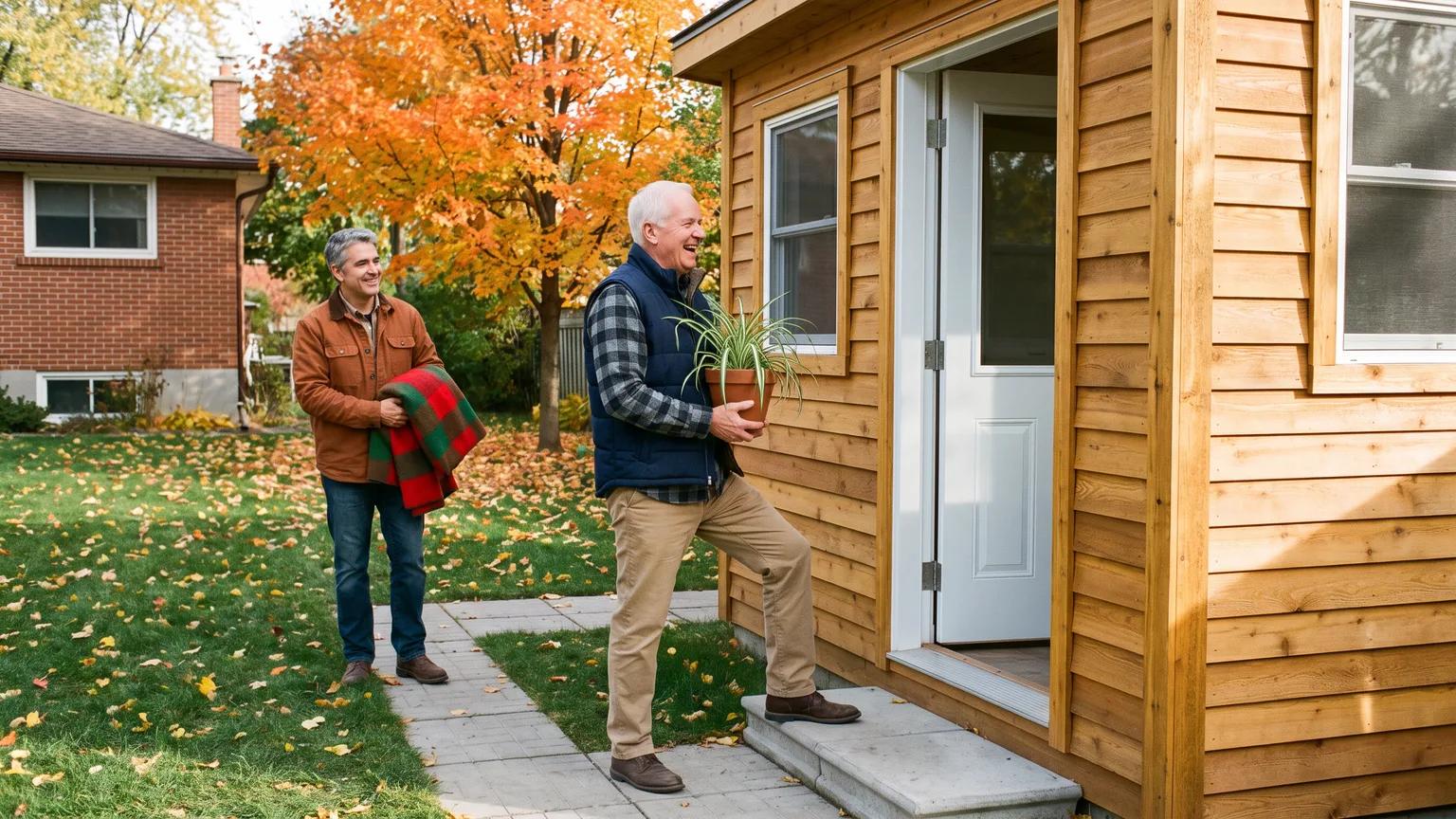 A father in his late 70s and his adult son carry a plant and a blanket into a new backyard garden suite