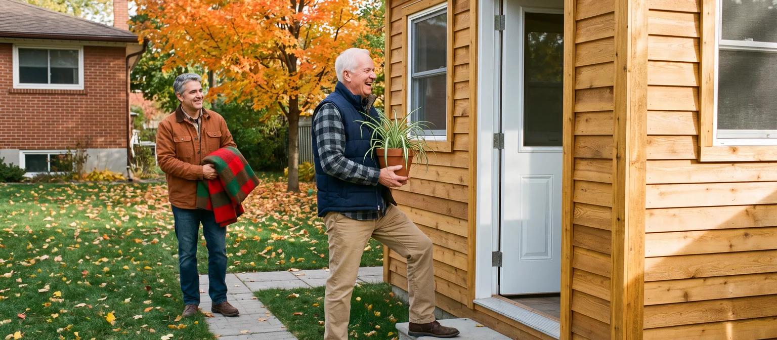 A father in his late 70s and his adult son carry a plant and a blanket into a new backyard garden suite