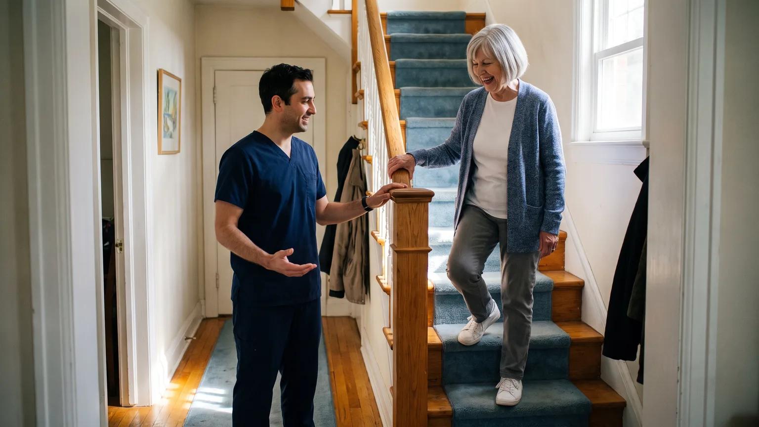 A physiotherapist coaches a woman in her 70s on the stairs at home, part of Ontario's publicly funded home care